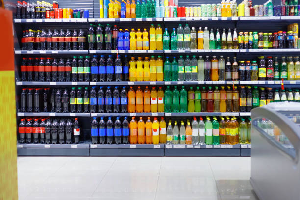 Shelves with variety refreshing of beverage for sale in the supermarket